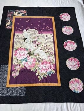 Handmade Japanese Inspired Quilt 47x60 Sidelights Pattern Featuring White Crane